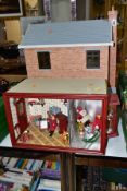 A DOLLS HOUSE AND MINIATURE TOY SHOP, comprising a modern/late twentieth century dolls house with