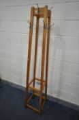 A BEECH SQUARE TAPERED COAT STAND, largest diameter 38cm x height 185cm