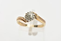 A 9CT GOLD DIAMOND CLUSTER RING, of a flower shape set with single cut diamond detail (three