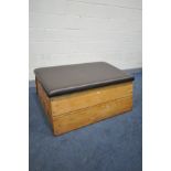 A VINTAGE GYM VAULTING BENCH, comes in two sections with a brown leatherette top, on rise and fall