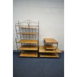 FOUR DUCAL METAL AND PINE OCCASIONAL FURNITURE, to include a five tier open bookcase, width 100cm