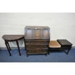 A PRIORY OAK BUREAU (key) a telephone seat/table and a demi lune hall table (3)