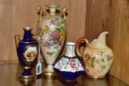 TWO PIECES OF ROYAL WORCESTER BLUSH IVORY PORCELAIN, A COALPORT COBALT BLUE AND GILT FRUIT PAINTED