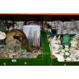 FOUR BOXES OF CERAMICS AND GLASSWARES, to include two Beswick and Royal Albert Old Mr Brown figures,