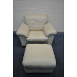 A CREAM LEATHER ARMCHAIR, and a matching ottoman pouffe (2)