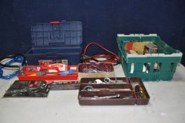 A COLLECTION OF TOOLS to include a plastic toolbox containing spanners, socket set, screwdrivers,