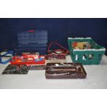 A COLLECTION OF TOOLS to include a plastic toolbox containing spanners, socket set, screwdrivers,