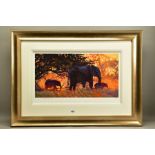 ROLF HARRIS (AUSTRALIAN 1930) 'BACKLIT GOLD' a limited edition print 132/195 depicting Elephants,