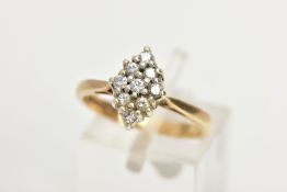 A 9CT GOLD DIAMOND RING, designed with a lozenge shape cluster of claw set, round brilliant cut