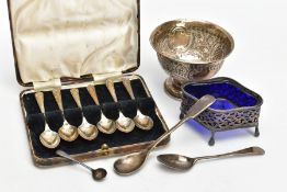 A SELECTION OF SILVER ITEMS, to include a silver embossed bowl with two vacant cartouches, gilt