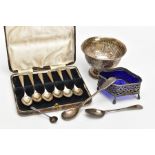 A SELECTION OF SILVER ITEMS, to include a silver embossed bowl with two vacant cartouches, gilt