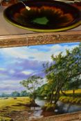 A LATE 20TH BRITISH SCHOOL LANDSCAPE, unsigned, oil on board, gilt framed, approximate size 70cm x