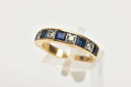 A YELLOW METAL SAPPHIRE AND DIAMOND HALF ETERNITY RING, designed with a row of five square cut
