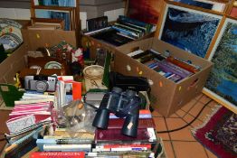 FIVE BOXES AND LOOSE BOOKS, PICTURES AND SUNDRY ITEMS, to include three boxes of approximately sixty