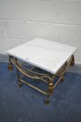 A FRENCH STYLE BRASS OCCASIONAL TABLE, with a marble top, straight legs and twisted rope detail,