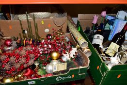 THREE BOXES AND LOOSE METALWARES, EPHEMERA, CHRISTMAS DECORATIONS AND SUNDRY ITEMS, to include a
