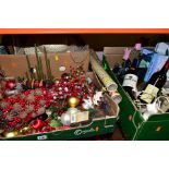 THREE BOXES AND LOOSE METALWARES, EPHEMERA, CHRISTMAS DECORATIONS AND SUNDRY ITEMS, to include a