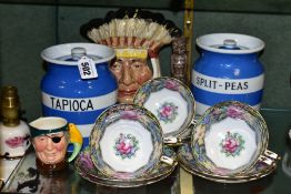 TWO T.G. GREEN CORNISH WARE STORAGE JARS FOR 'TAPIOCA' AND 'SPLIT-PEAS', with ill-fitting lids,