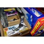 A BOX OF AIRCRAFT MODELS, BUILDING KITS AND A BOXED PROTECH BUTTERFLY ELECTRIC MOTOR SLOWFLIER, to