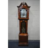 A REPRODUCTION HARDWOOD CHIMING LONGCASE CLOCK, brassed and silvered dial, tempus fugit label to