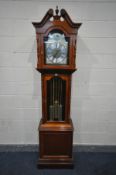 A REPRODUCTION HARDWOOD CHIMING LONGCASE CLOCK, brassed and silvered dial, tempus fugit label to