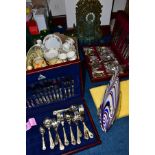 A BOX AND LOOSE CERAMICS, CLOCK, GLASSWARES, CUTLERY ETC, to include an ornate brass table clock (in