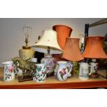 A GROUP OF LAMPS, HORSE ORNAMENT, VASES AND JUGS, to include six late twentieth century/