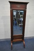 A REPRODUCTION FRENCH EMPIRE HARDWOOD CHEVAL MIRROR, with brass mounts and twin legs, width 77cm x