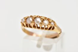 AN 18CT GOLD SPLIT PEARL RING, designed with five graduated split pearls, openwork gallery,