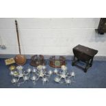 TWO MODERN MAHOGANY CHAMPANGE/WINE TRAYS, with glass holders, along with an oak drop leaf occasional