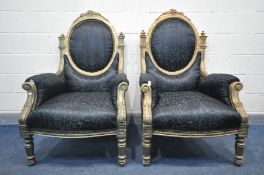 A PAIR OF 19TH CENTURY LOUIS XVI STYLE GILTWOOD AND GESSO THRONE CHAIRS, reupholstered in black