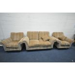 A PARKER KNOLL ORANGE STRIPPED UPHOLSTERED THREE PIECE SUITE, comprising a two seater sofa, length