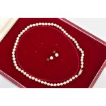 A CULTURED PEARL NECKLACE AND MATCHING EARRING SET, a string of sixty-three cultured pearls,