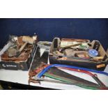 TWO TRAYS CONTAINING TOOLS to include various wooden hammers, hand drills, hinges, files, clamp,