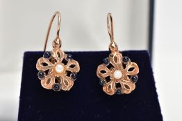 A PAIR OF SILVER GILT DROP EARRINGS, an open work floral design set with pearl simulant and blue