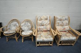 A WICKER FOUR PIECE CONSERVATORY SUITE, comprising of two pairs of armchairs
