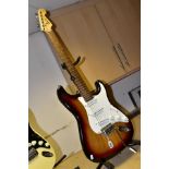 A SQUIER AFFINITY STRATOCASTER in tobacco Sunburst with scratchplate and pickup covers, rosewood