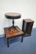 A MAHOGANY DRUM TABLE, along with a mahogany coffee table and a revolving cd rack (3)