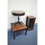 A MAHOGANY DRUM TABLE, along with a mahogany coffee table and a revolving cd rack (3)