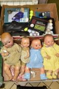 A BOX OF GOLF ACCESSORIES AND FOUR VINTAGE DOLLS to include a Gary Player Putt Returner, corrosion