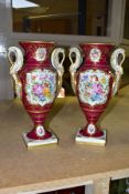 A PAIR OF CAMILLE LE TALLEC TWIN HANDLED OVOID FORM PEDESTAL VASES, with painted floral decoration