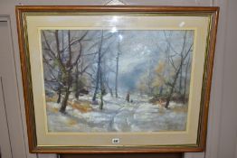 AUBREY R PHILLIPS (BRITISH 1920-2005) 'DEMONSTRATION BOURNVILLE 1992', a winter landscape with a