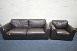 A BROWN LEATHER TWO PIECE SUITE, comprising a sofa and armchair (2)