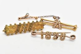 THREE VICTORIAN GOLD BROOCHES, one rectangular brooch with set with three seed pearls, floral