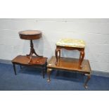 A MAHOGANY PEDESTAL DRUM TABLE, with two drawers, diameter 50cm x height 67cm, and a burr walnut