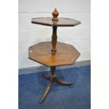 A REGENCY MAHOGANY OCTAGONAL TWO TIER DROP LEAF DUMBWAITER, turned supports on triple outsplayed