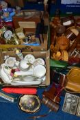 THREE BOXES OF CERAMICS, TREEN AND SUNDRY ITEMS, to include a Royal Crown Derby Derby Posies cake