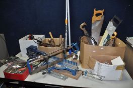 A COLLECTION OF TOOLS to include three boxes of various tools saws, vintage soldering irons,