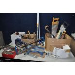 A COLLECTION OF TOOLS to include three boxes of various tools saws, vintage soldering irons,