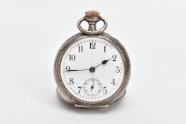 A SILVER OMEGA POCKET WATCH, silver cased pocket watch with a white dial and black Arabic